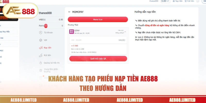 Khách hàng tạo phiếu nạp tiền AE888 theo hướng dẫn
